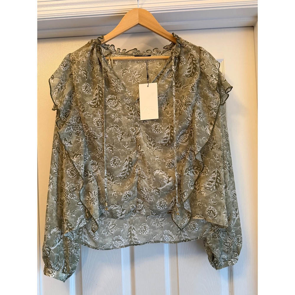 Zara Floral Ruffle Blouse Women Medium Sage Green Sheer V-Neck Tie Top 5029/071